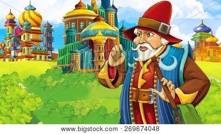 Cartoon Scene With Medieval Arabic Kingdom Prince Or King Traveling - Far East Ornaments - The Stage