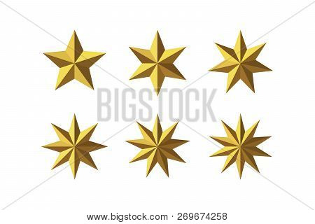 Set Of Beautiful Faceted Shiny Golden Metal Stars Isolated On White. Five, Six, Seven, Eight, Nine, 