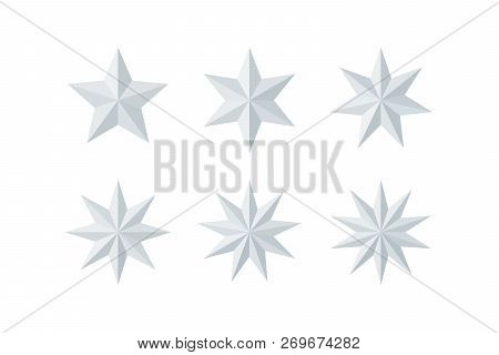 Set Of Beautiful Faceted Shiny White Paper Stars Isolated On White. Five, Six, Seven, Eight, Nine, T