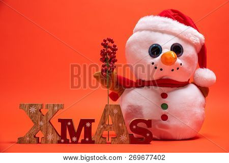Snoman Toy With Wooden Xmas Text Sign. Seasonal Gift Idea