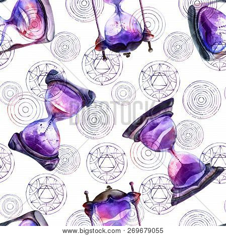 Alchemical Sand Hourglasses And Transmutation Circles, Watercolor Painting On White Background, Seam