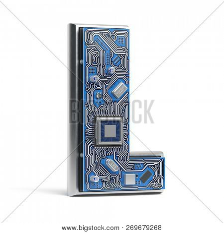 Letter L.  Alphabet in circuit board style. Digital hi-tech letter isolated on white. 3d illustration