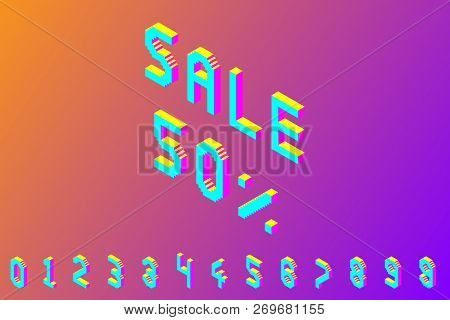 Bold Colorful Isometric Pixel 3d Font. Modern Bright Uppercase Geometric Alphabet Numbers Set. Stock