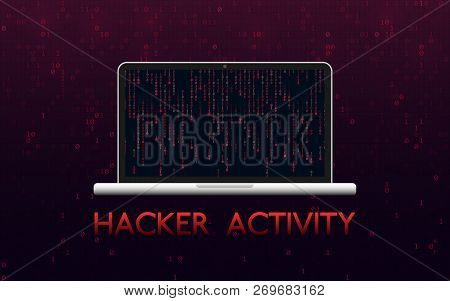 Hacker Activity Concept. Hacked Laptop On Red Binary Background. Malware Design With Matrix Backdrop