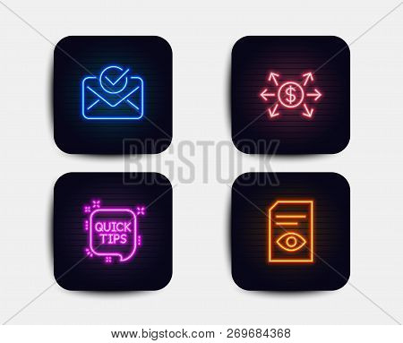 Neon Set Of Dollar Exchange, Quick Tips And Approved Mail Icons. View Document Sign. Payment, Helpfu