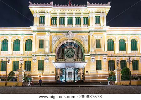 Ho Chi Minh City, Vietnam - August 24, 2017: Saigon Central Post Office Building At Night
