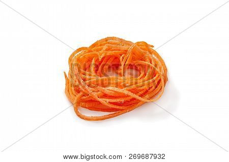 Sweet Potato Vegetable Noodles. Spiralized Sweet Potato. Isolated On White Background.