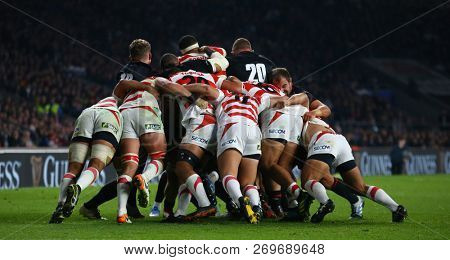 LONDON, ENGLAND - NOVEMBER 17 2018. During the Quilter Autumn International's series Rugby Union match between England and Japan at Twickenham Stadium, London, United Kingdom. 