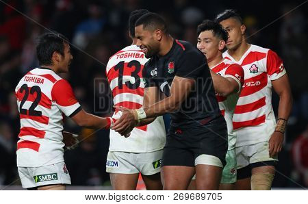 LONDON, ENGLAND - NOVEMBER 17 2018. During the Quilter Autumn International's series Rugby Union match between England and Japan at Twickenham Stadium, London, United Kingdom. 