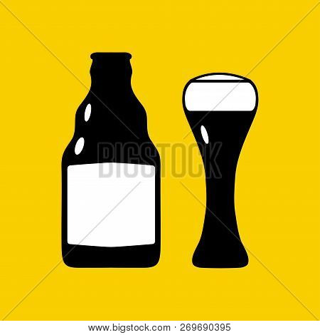 Vector Illustration Icons Of Bottle And Glass. Black Silhouette On A Bright Yellow Background. Brew,