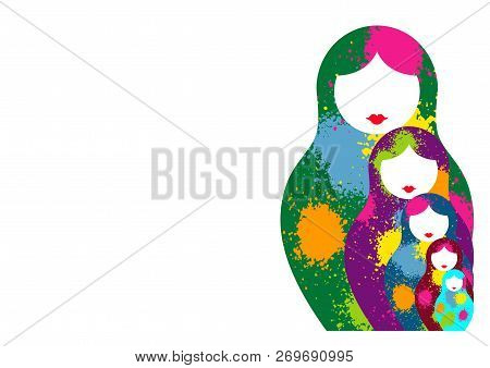 Russian Nesting Dolls Matrioshka, Set Icon Colorful Symbol Of Russia. Splatter Colored Style. Vector