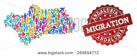 People Migration Traffic Combination Of Mosaic Map Of Andalusia Province And Unclean Seal. Mosaic Ma
