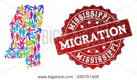People Migration Traffic Collage Of Mosaic Map Of Mississippi State And Rubber Stamp. Mosaic Map Of 