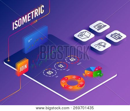 Isometric Vector. Set Of Parcel, Online Delivery And Elevator Icons. Push Cart Sign. Shipping Box, P