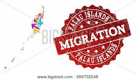 People Travel Traffic Composition Of Mosaic Map Of Palau Islands And Rubber Seal. Mosaic Map Of Pala