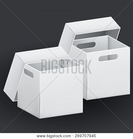 Empty White Cardboard Box Packaging Container. Tare For Transportation, Storage And Keeping. Vector 