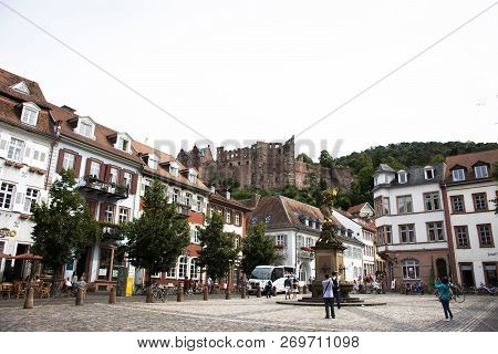 German And Foreigner Travelers People Walking And Visit Madonna Vom Kornmarkt In Heidelberg, Germany