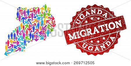 People Migration Traffic Collage Of Mosaic Map Of Uganda And Scratched Seal Stamp. Mosaic Map Of Uga