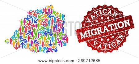 People Migration Traffic Composition Of Mosaic Map Of Vatican And Corroded Seal. Mosaic Map Of Vatic