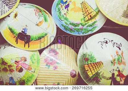 Traditional Bamboo Hats Made On Hue, Local Market. Souvernir From Vietnam.
