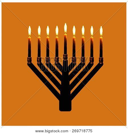 Triangular Chanukiah Hasidic. Jewish Holiday Hanukkah. Vector Illustration On Orange Background.