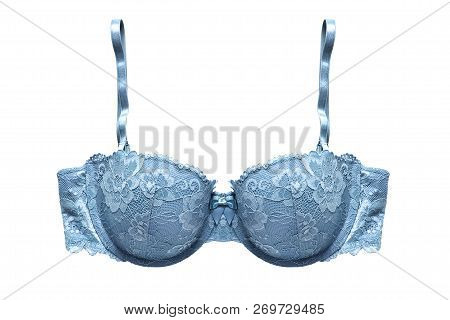 Blue Lacy Balconette Bra On White Background