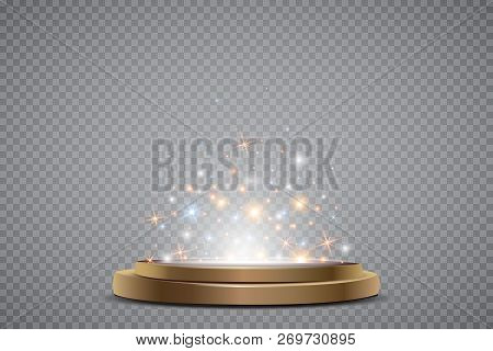 Round Podium, Pedestal Or Platform Illuminated By Spotlights On White Background. Stage With Scenic 