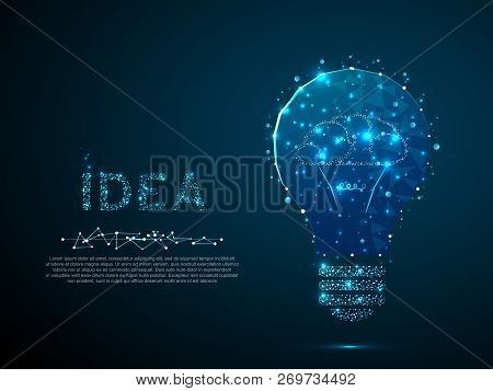 Idea With Geometry Triangle. Brain Silhouette Lamp Bulb Image. Incandescent Lamp. Low Poly, Polygona