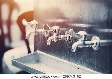 Row Water Tap Free Public Drinking Water Tank Cooler Condensed Water Dew Drops Vintage Colortone