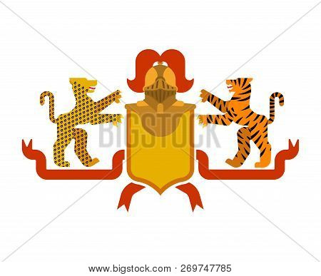Heraldic Shield Tiger And Leopard And Knight Helmet. Fantastic Beasts. Template Heraldry Design Elem
