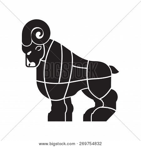 Cut Of Meat Ram. Sheep Silhouette Scheme Lines Of Different Parts Meat. How To Cut Flesh Farm Animal