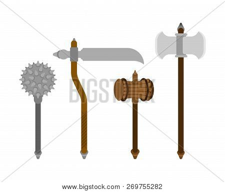 Old Medieval Weapon Set. Mace Weapon Morgenstern And Battle Ax. Sledgehammer For Warriors. Wooden Ha