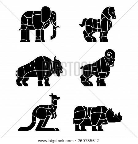 Cut Of Meat Set Beast Bison And Rhinoceros. Elephant And Horse Silhouette Scheme Lines Of Different 