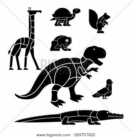 Cut Of Meat Set Beast Giraffe And Squirrel. Dinosaur And Pigeon. Silhouette Scheme Lines Of Differen