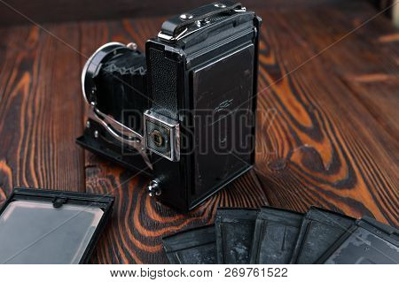 Moscow, Russia, April 14, 2017. The Old Soviet Medium Format Scaling Camera Moskwa-3, Released1951.