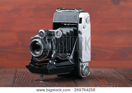 Moscow, Russia, April 14, 2017. The Old Soviet Medium Format Rangefinder Camera Moskwa-5, Released19