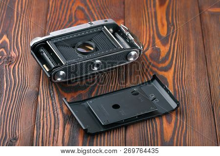 Moscow, Russia, April 14, 2017. The Old Soviet Medium Format Rangefinder Camera Moskwa-5, Released19