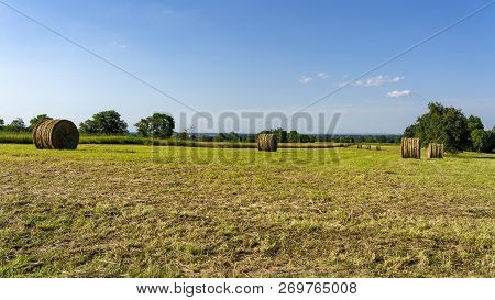 Country Landscape At Summer Near Boves, Cuneo, Piedmont, Italy. Field With Bales