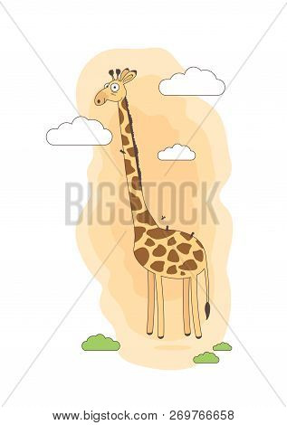 Giraffe In The Clouds Cute Drawing Cartoon Vector Illustration