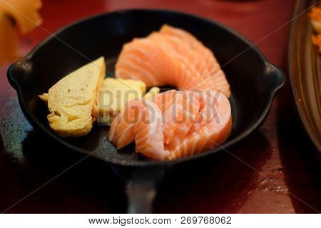 Japanese Food Delicacy Consisting Sashimi Salmon Of Very Fresh Raw Salmon Fish Sliced