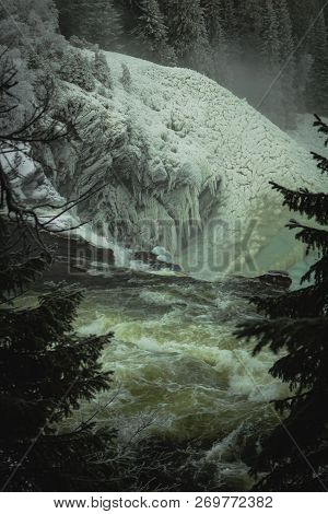 Biggest Frozen Swedish Waterfall Tannforsen In Winter Time