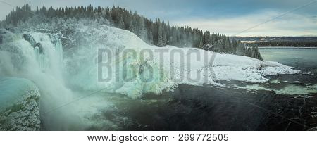 Biggest Frozen Swedish Waterfall Tannforsen In Winter Time