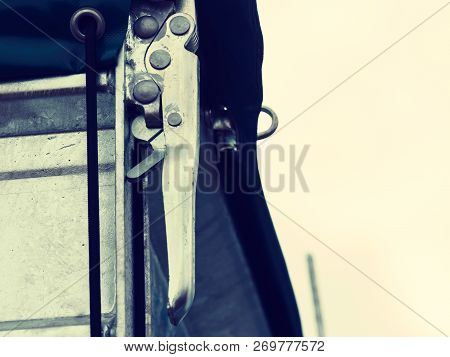 Close Up On Industrial Metal Made Handle Lock For Opening Semi Trailer