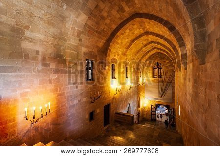 Rhodes, Greece - May 13, 2018: Palace Of The Grand Master In The Old Town Of Rhodes Greece