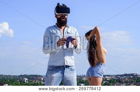 Cyber Addiction Concept. Guy Play Sex Cyber Game. Man Bearded Hipster Play Cyber Simulation Game In 