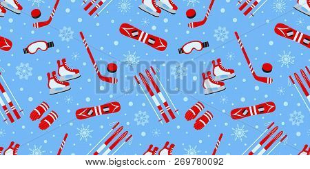 Winter Outdoors Background. Sports Equipment Vector Seamless Pattern. Ice Hockey, Skating, Skiing, S