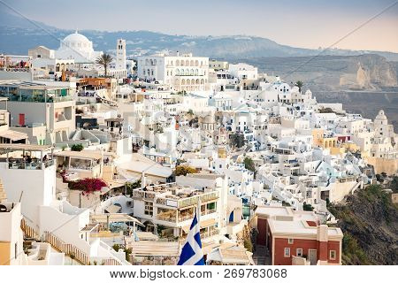 Thira, Santorini - 18.10.2018: Panoramic View Traditional Famous White Houses And Churches In Thira 