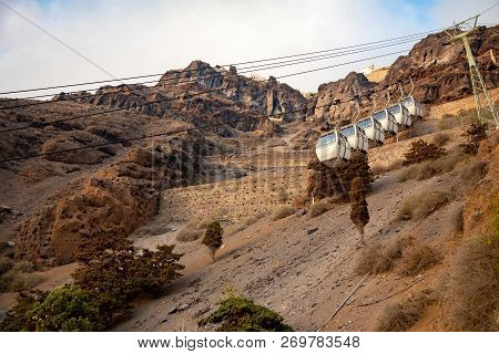 The Santorini Cable Car Connects The Port With The Town Of Thera In Santorini Island In Greece