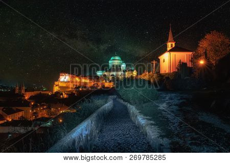 Amazing Night Scenery Of Esztergom, Hungary Under Starry Sky