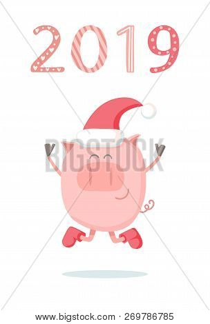 2019 Cover Design. Vector Illustration Of A Cute Pink Piggy. Doodle Flat Character Isolated On White